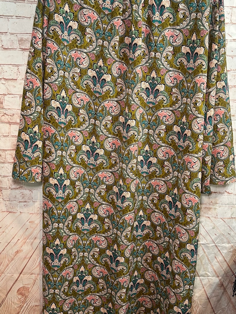 Traffic People Cinch Olive Paisley Midi Button Down Dress Tie Belt Kimono Duster - Picture 5 of 9